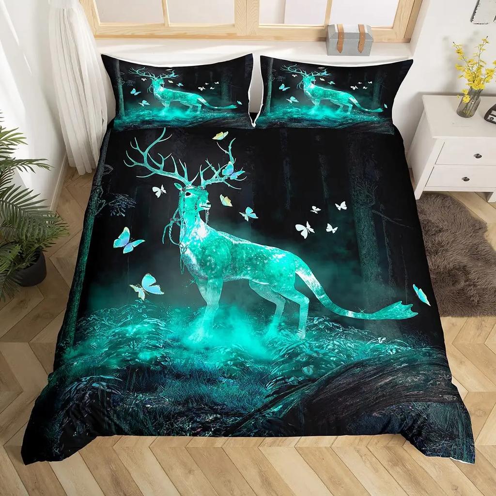 Teal Deer Duvet Cover Set Deer Antlers Bedding Sets Butterfly Safari Animals Comforter Cover Elk Wildlife Christmas Quilt Cover