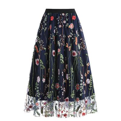 Vintage Mesh Flower Embroidered Skirt Elegant Sweet A-line Skirt for Spring Summer