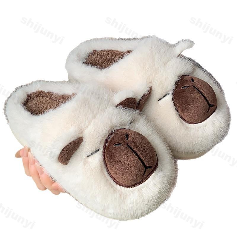 Fashion Capybara Women Cotton Slippers Cartoon Couple Non-Slip Warm Indoor Home Slippers Plush Fluffy Winter Comfortable Floor Slippers