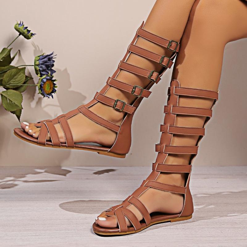 Fashion 2025 Summer New Plus Size Women's High Shaft Open-Toe Roman Flat Sandals with Back Zipper Buckle Cut-Out Design Casual Fashion