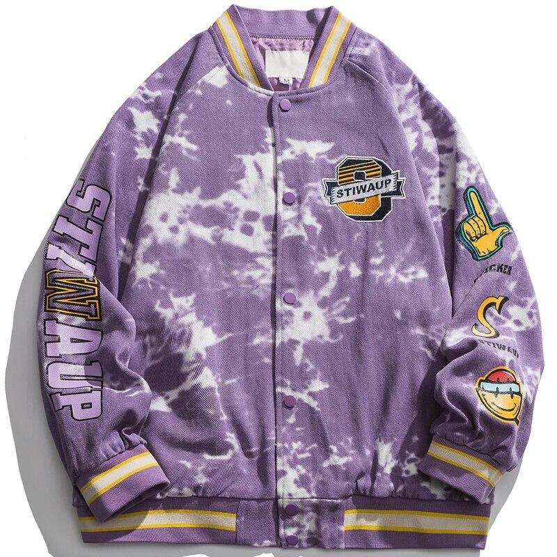 

Tie-dye Printed Jacket Men Harajuku Retro Varsity Jacket Women Couple Street Hip-hop Baseball Coats Autumn Embroidery Clothing