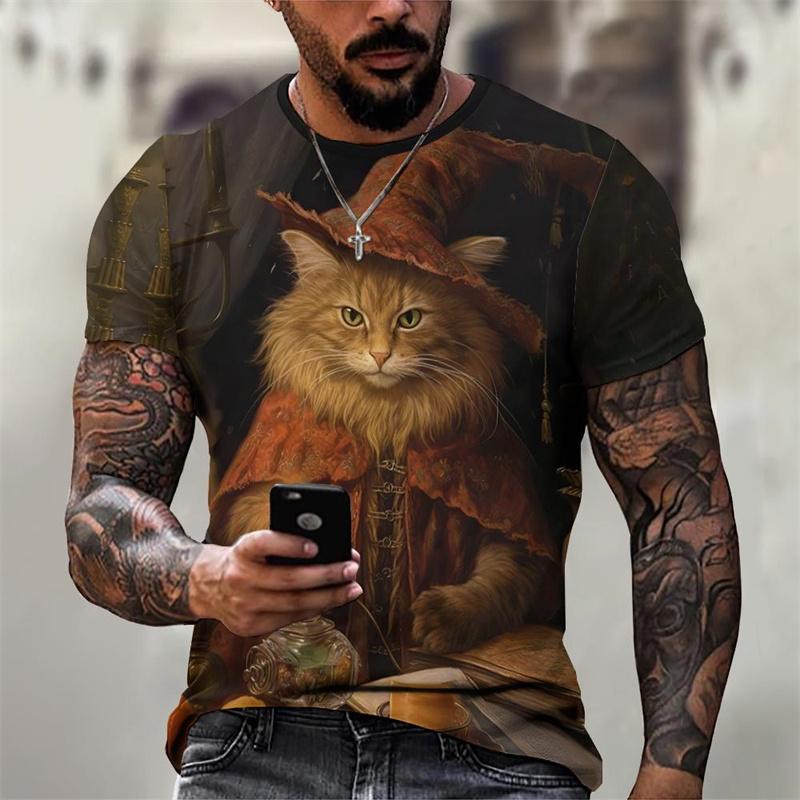 3D Printed Magical Poster Wizard Cat T Shirt For Men Funny Cute Animal Pattern T-Shirts Summer Short Sleeve Round Neck Tops Tees 6XL