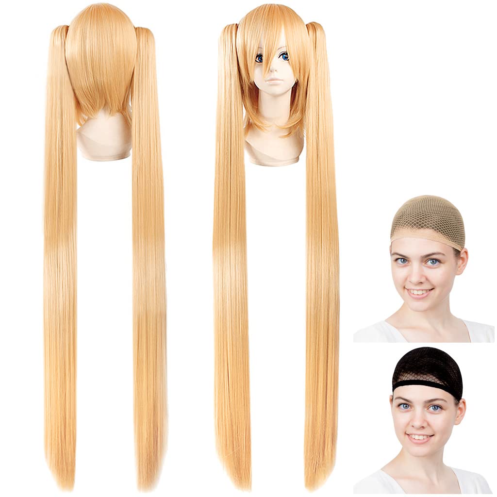 CaseEden Cosplay Long with Gold Blonde Includes 2 Wig Nets Wig, Twintails, 120cm, Bun, Heat-Resistant, Gradient,