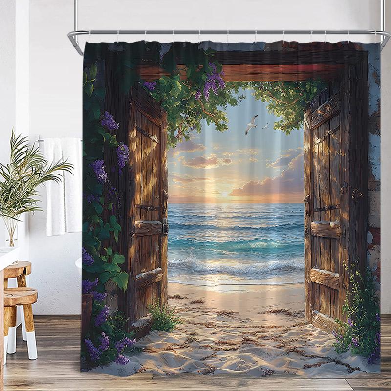 Dusk Ocean View Shower Curtains Brown Window Wooden Door Beach Sea Waves Scenery Fabric Home Bathroom Curtain Decor With Hooks