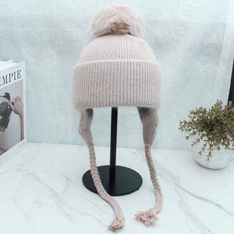 High-quality long rabbit fur ear protectors are exported to Russia in winter, thickened and enlarged, warm fox hairball knitted hat for women