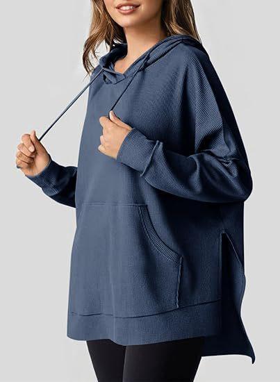 Autumn and Winter Women's Hoodie Waffle Knitted Side Split Pullover Sweatshirt with Pockets Long Sleeves