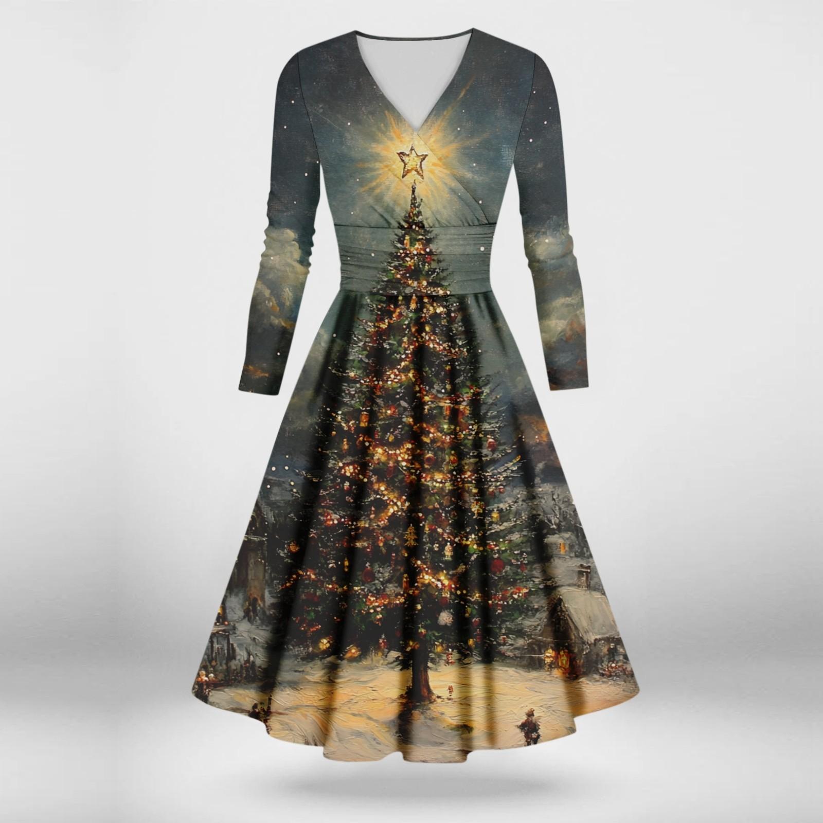 

Женское повседневное и модное сексуальное платье с v-образным вырезом и длинными рукавами с рождественским принтом L тёмно-синий