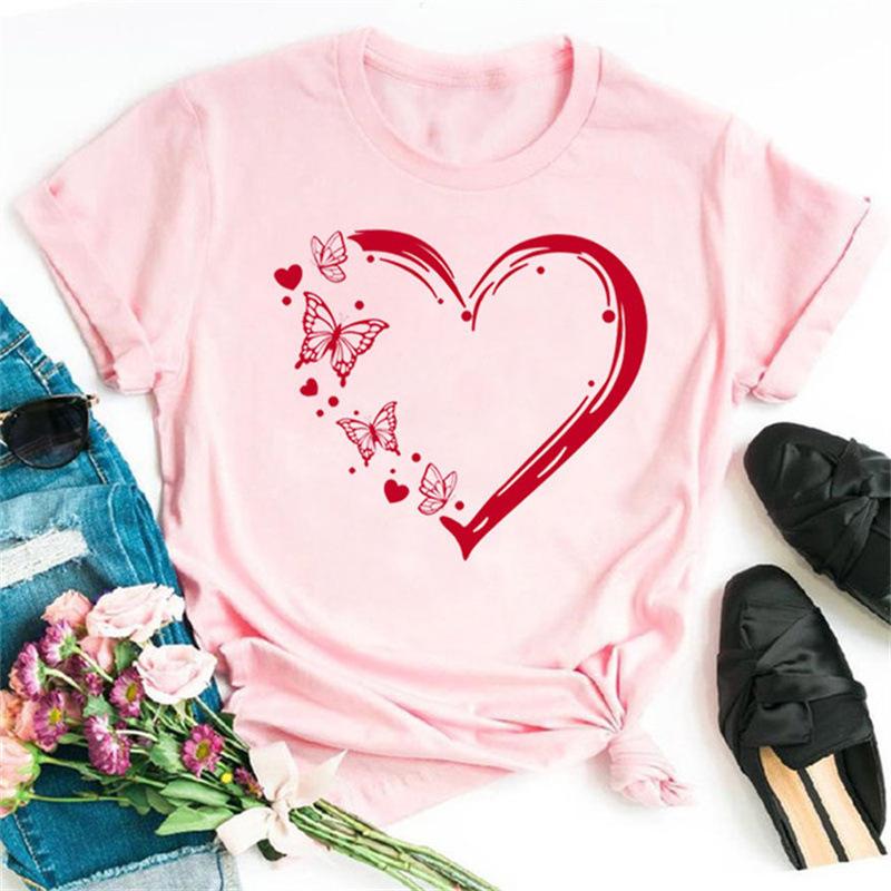 Classic Summer Crewneck T-shirt for Women - Short Sleeve Top with Romantic Love Heart Design