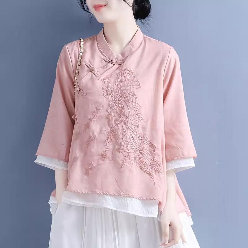 Women's Spring Cotton-Linen Top: Frog Buttons, Embroidered, Oblique Placket, 3/4 Sleeves, Pink/Yellow. Perfect for Tea Ceremonies.