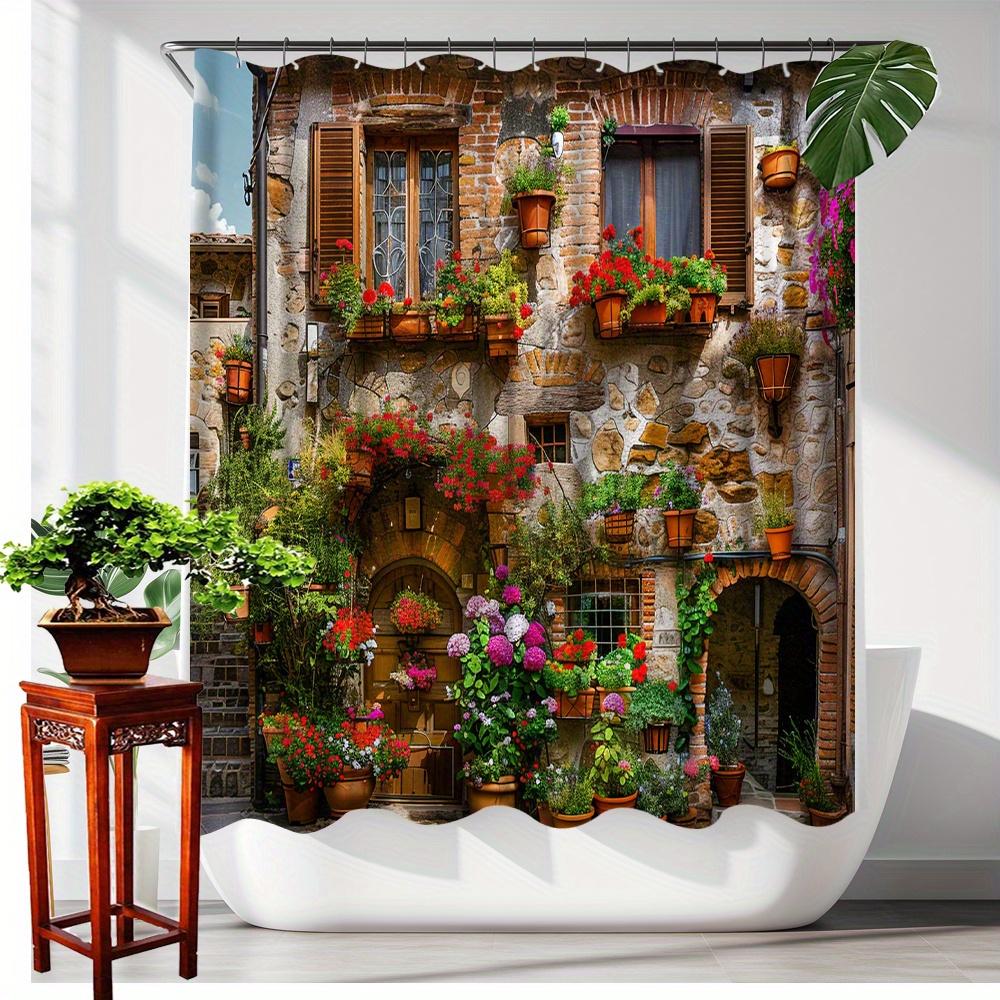 Charming Italian Village Scene with Flowers Waterproof Shower Curtain for Modern Bathroom Decor, Stylish, Perfect for Home Use