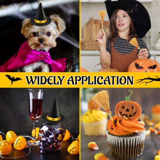 12Pcs Mini Witch Hat And Broom Crafts Halloween Party Decorations Reusable Black Hats Festive Home Party Ornaments