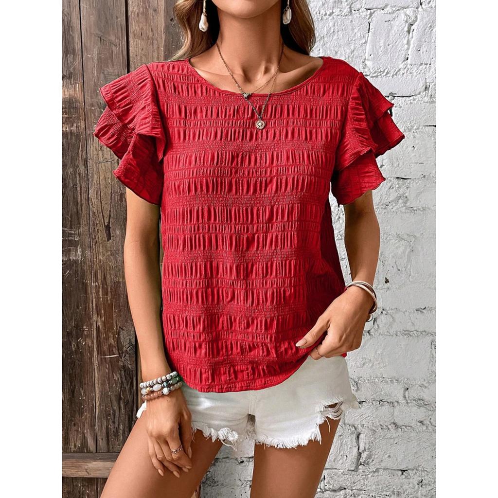 IHUASU Women's Summer Double Layer Lotus Sleeve Round Neck Style Pullover T-shirt Women