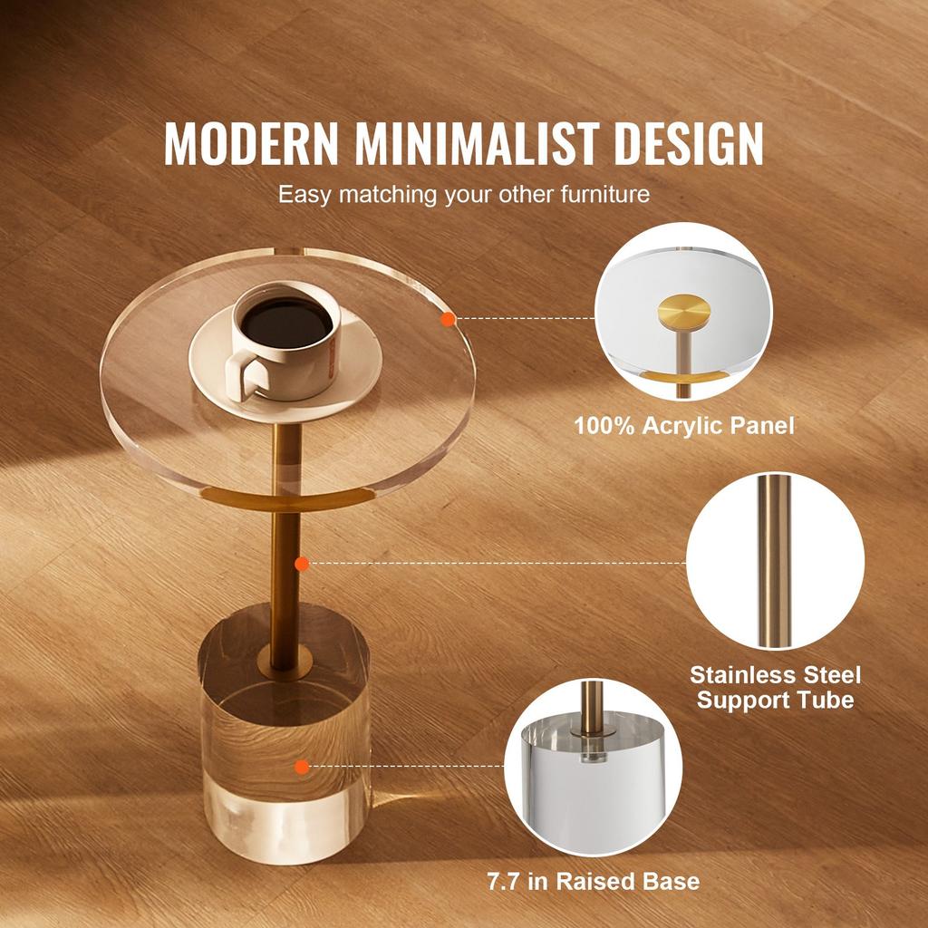 VEVOR Clear Acrylic End Table, Acrylic Side Table with a Solid Base, 11.9 X 11.9 Inch Round Tabletop, 21.4 Inch High, for Coffee, Drink, Food