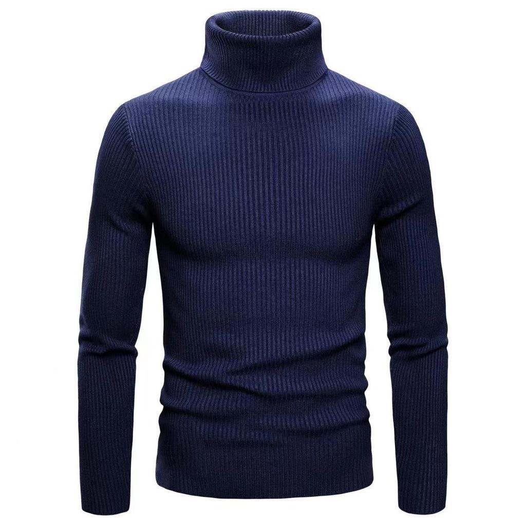 Men's Solid Color High Neck Slim Fit Striped Knit Sweater