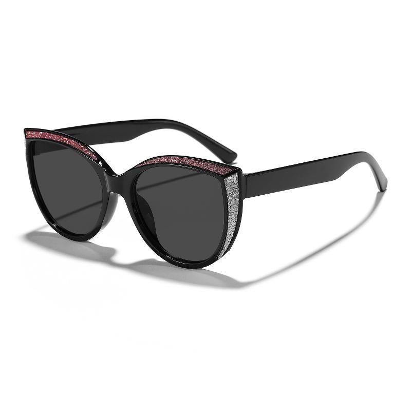 Women's Stylish Cat Eye Sunglasses with Glitter Black Frame Brown Lens for Chic Outings