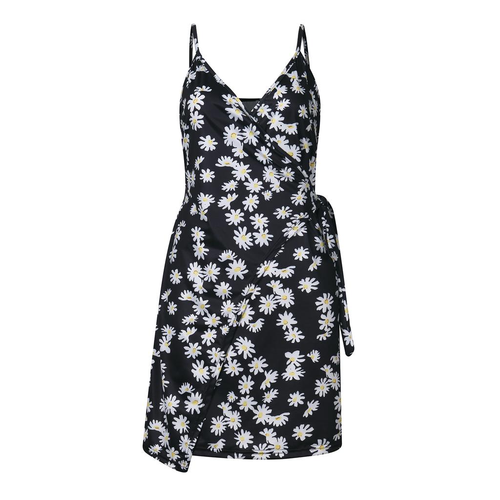 Women Fashion Sexy V-neck Floral Print Lace-up Dress Sling Dress Backless Dress