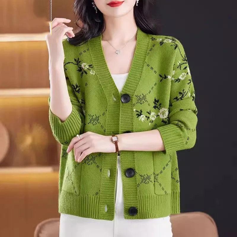 

Осенний жаккардовый короткий вязаный кардиган куртка женская зимняя новая с длинными рукавами цветочный вязаный свитер пальто женские свободные трикотажные топы 4XL зелёный