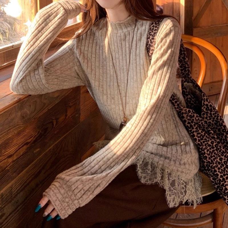 Women's Loose Slimming High Neck Lace Ruffle Long Sleeve Knit Top