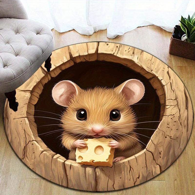Cheese Mouse Hole Round Rug, Soft Polyester Non-Slip Carpet, Adorable Cartoon Decor for Bedroom, Living Room, Home Office