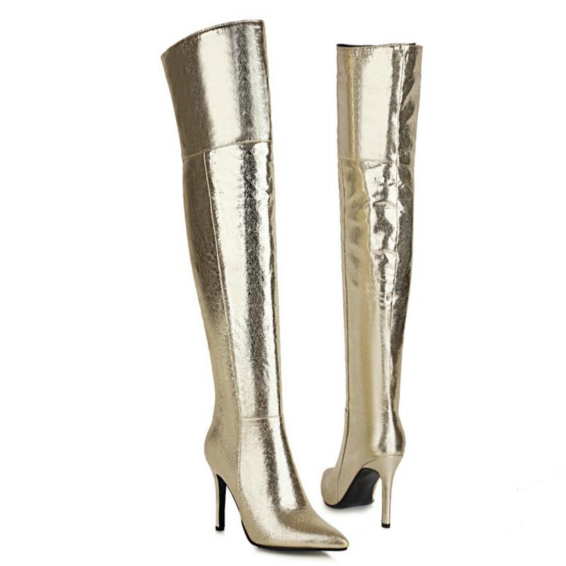 Fashion Fashion Boot Women High Sexy Gold Silver Over the Knee Boots Autumn Winter Heels Women's High Boots Shoes Large Size 48