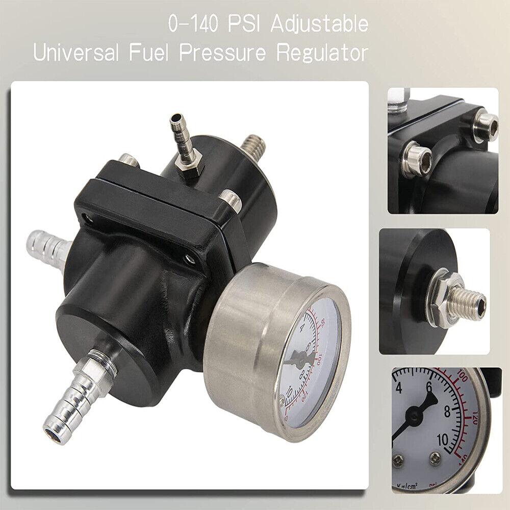 Aluminum Universal Adjustable Fuel Pressure Regulator + Gauge+ Fitting Kit Black