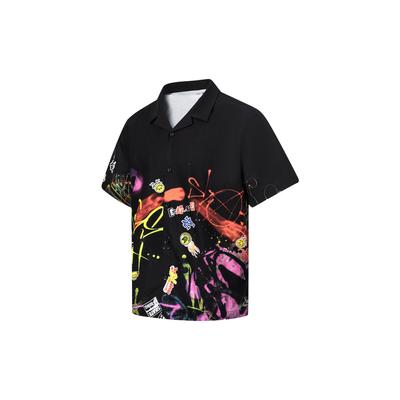 Li Ning Skateboard Series Graffiti Single-Breasted Loose Short Sleeve Shirt Men Shirts Black ASHT475-2
