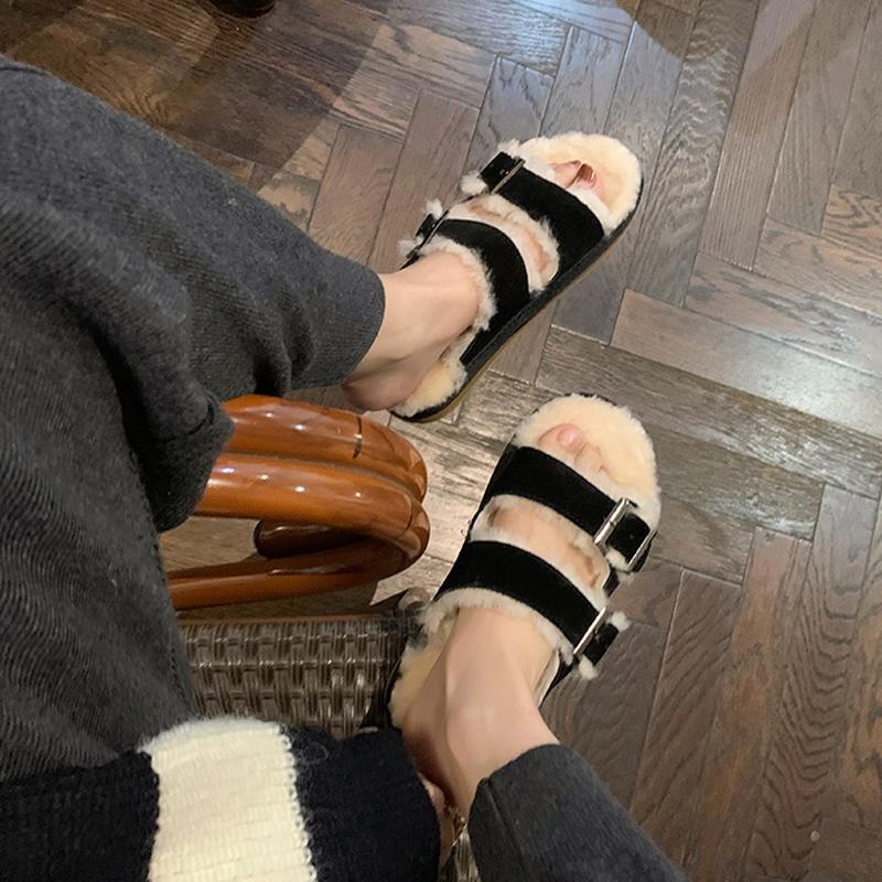 Fashion 2025 Belt Buckle Wool Slippers Women Faux Suede Shoes Winter Furry Slides Female Flats Casual Slip On Lambswool Pantuflas Home