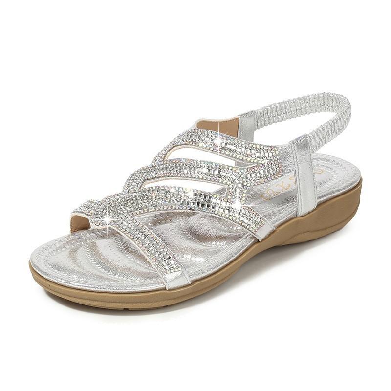 Spring New Bohemian Sandals Round Head Small Wedge Heel Sandals Women's Rhinestones Large Size Women's Sandals