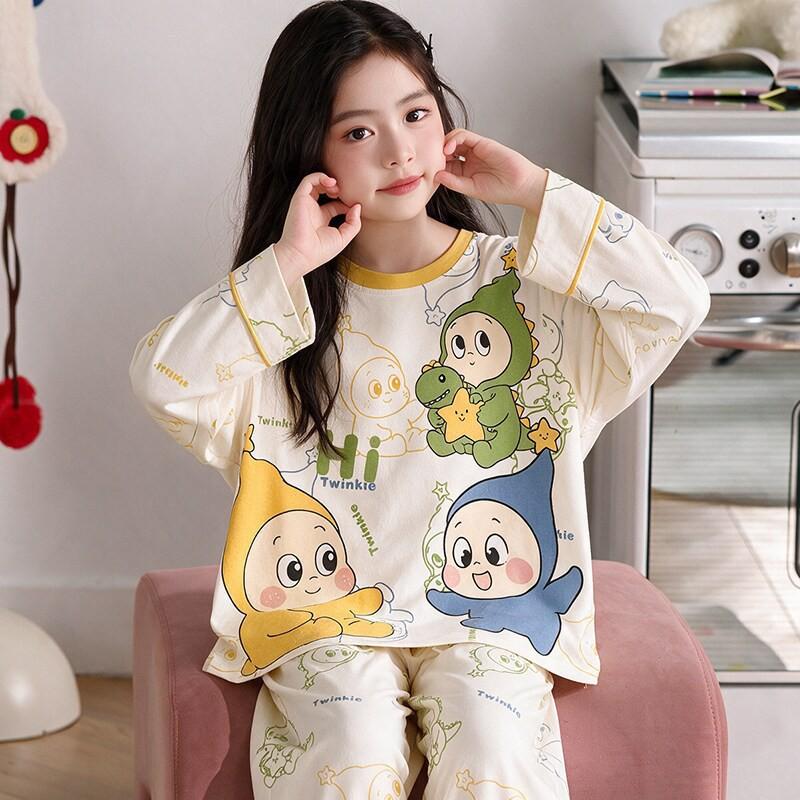 100% Cotton Girls Long Sleeve Pajamas Set Cartoon Print Round Neck Sleepwear Kids 8 Years