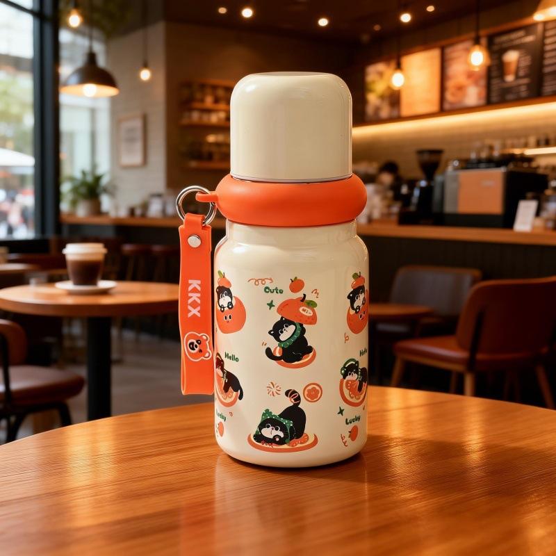Cartoon cute thermos cup student portable stainless steel water cup children go to school rope anti-drop sports kettle