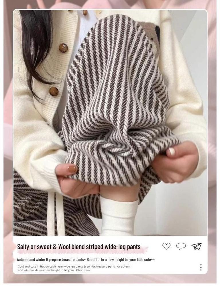 Korean Style 2025 High Waist Retro Pinstripe Wool Pants: Women’s Slimming Wide-Leg, Floor-Length for Spring, Autumn, Winter.