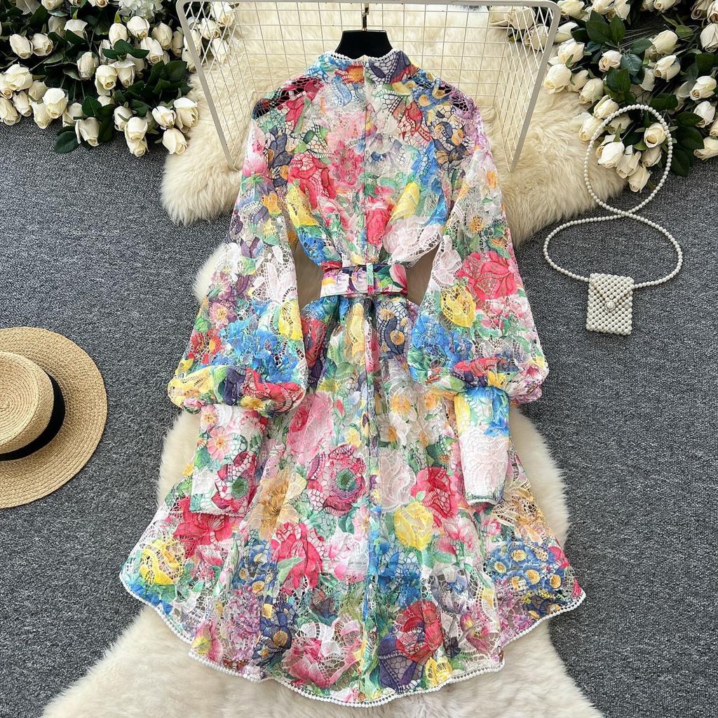 Elegant Embroidery Fancy Flower Lace Evening Maxi Dresses Women Spring Summer Single Breasted Printed Party Shirt Dress