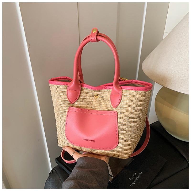 

Вместительная плетеная сумка-тоут женская новая модная дорожная сумка на плечо, соломенная сумка для пляжного отдыха розовый