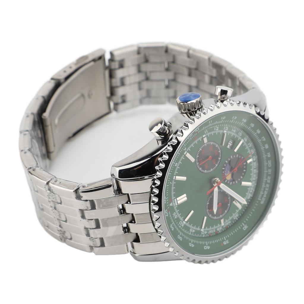 Men Quartz Watch with Calendar and Moon Phase Zinc Alloy Case Stainless Steel Strap Men Wristwatch