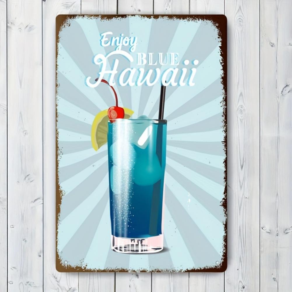 1pc Vintage "Enjoy Blue Hawaii" Metal Sign - 8x12in Retro Tinplate Cocktail Wall Art, Rustic Decor for Bar/Cafe/Home