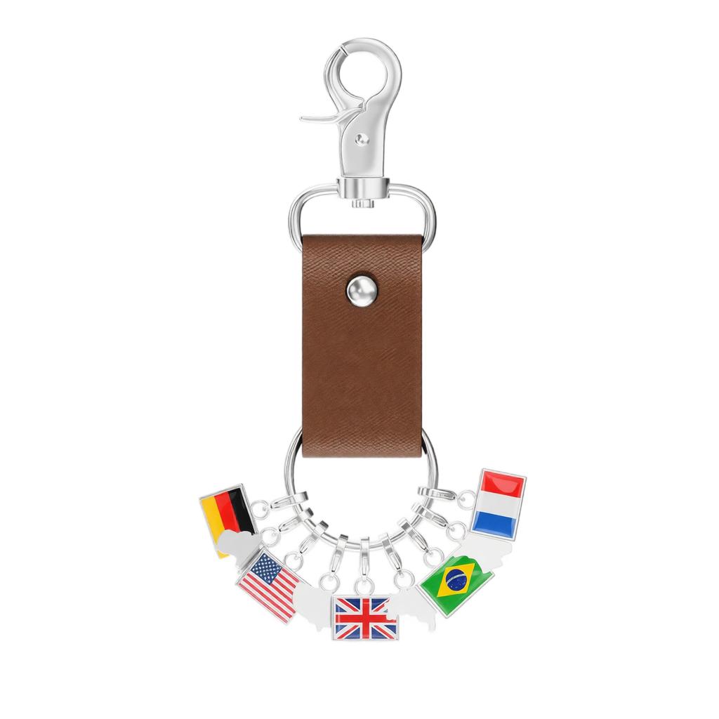 DIY World Travel Souvenir Keychain Leather Strap with Multiple Country Flag Charms Germany USA UK Brazil France Travel Accessory