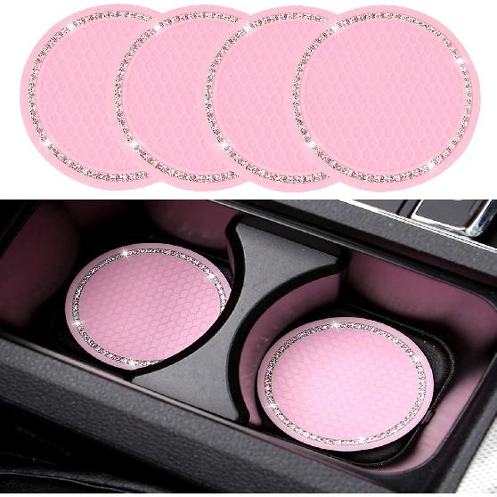 ACODABLEM 4 Pack Bling Car Coasters, 2.75 Inch Bling Crystal Rhinestone Soft Rubber Universal Anti-Slip Glitter Cup Mats Auto Drink Coaster Car