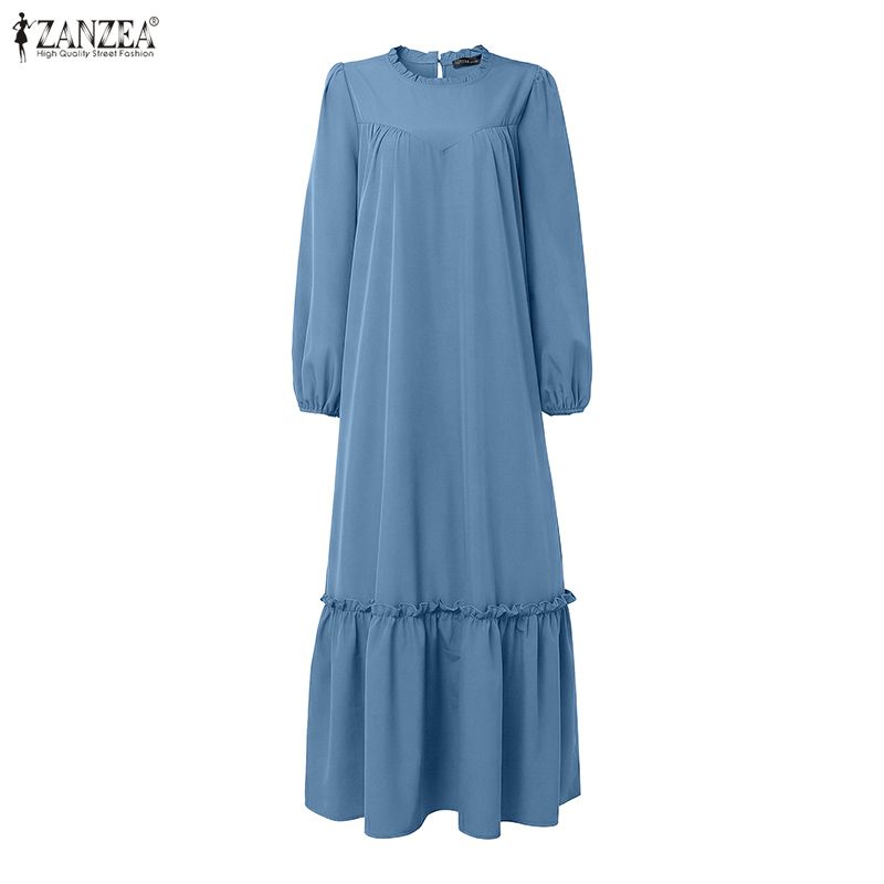 ZANZEA Women Muslim Casual Round Neck Solid Color Long Sleeve Loose Long Dress