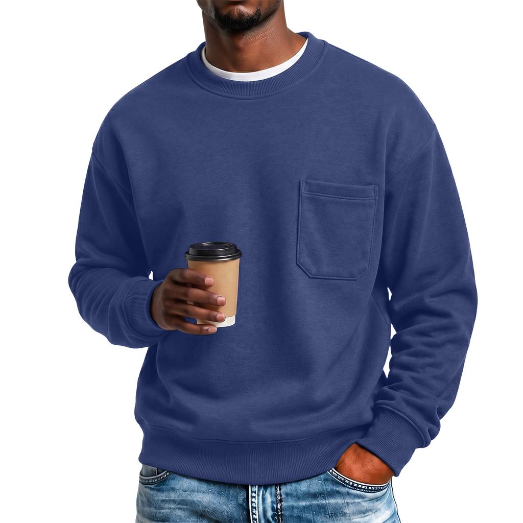 Men's Color -Lined Long Sleeve Neck Sweatshirt with Pocket for Fall and Winter
