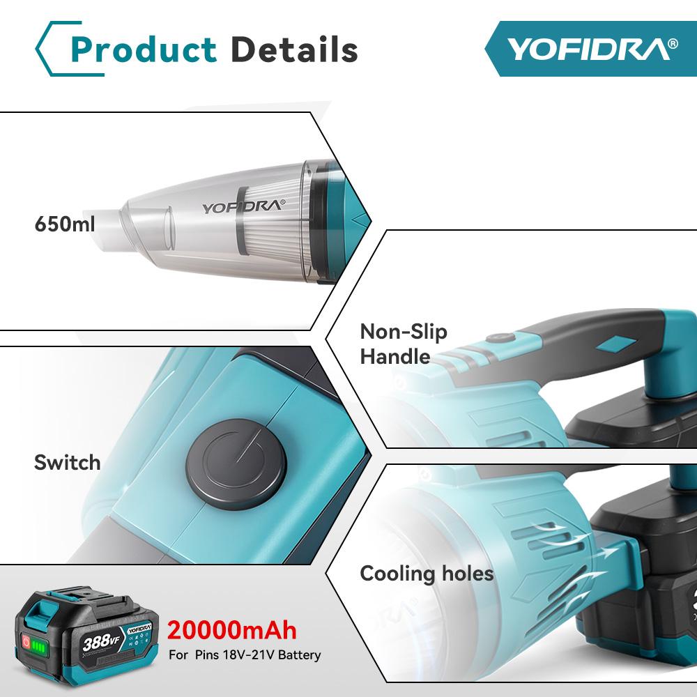 Yofidra 1500W Electric Cordless Vacuum Cleaner Portable Rechargeable Household Cleaning Power Tool For Makita 18V Battery Pin