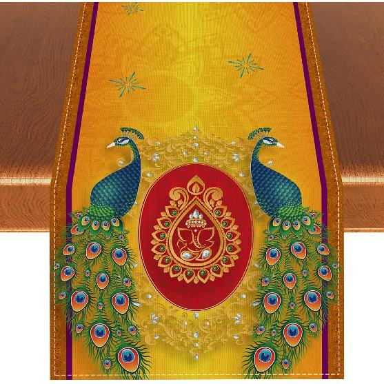 Happy Diwali Table Runner Indian Diwali Peacock Tablecloth Indian Deepavali Festival of Lights Party Decor Decoration and Supplies for Home Kitchen