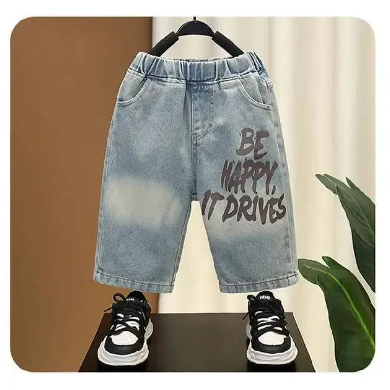 Jungen Sommerkleidungsset Briefdruck Kurzarm-T-Shirt Jeans-Shorts Anzug Kinder Freizeit-Outfit