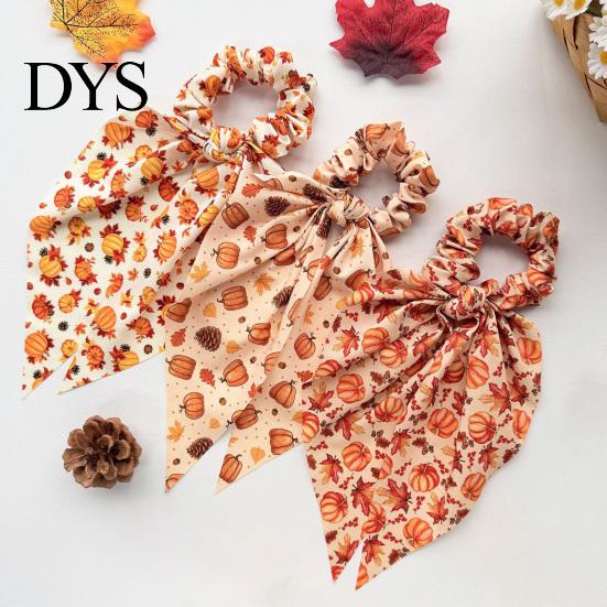 Autumn Theme Hair Ties for Gifts Fall Pumpkin Maple Leaf Tie Women, Bow Knot Ribbon Ponytail Elastic Bands Thick Holder, Soft Fabric Accessory