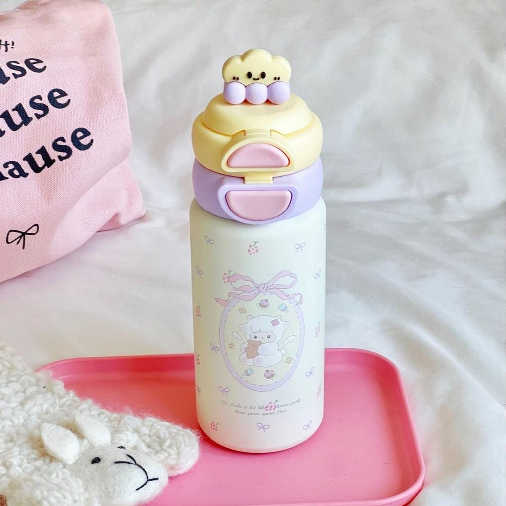 Cute Cartoon Kids Insulated Water Bottle With Double Drinking Straws For School And Travel