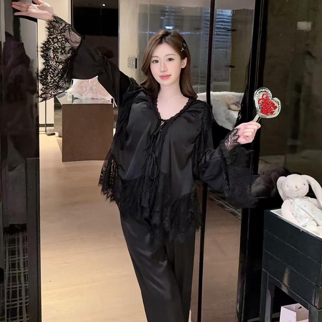 Court French Style Lace Pajamas Women's Long-sleeved Trousers Flared Sleeves Ice Silk Fairy Spring Satin Loungewear Set