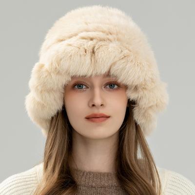 Echte Kaninchenhaar-Wolkenmütze, Plüschmütze für Damen, Herbst und Winter, warmes Gesicht, kleiner Ohrenschutz, Pelz, gestrickter Eimerhut, Beckenhut