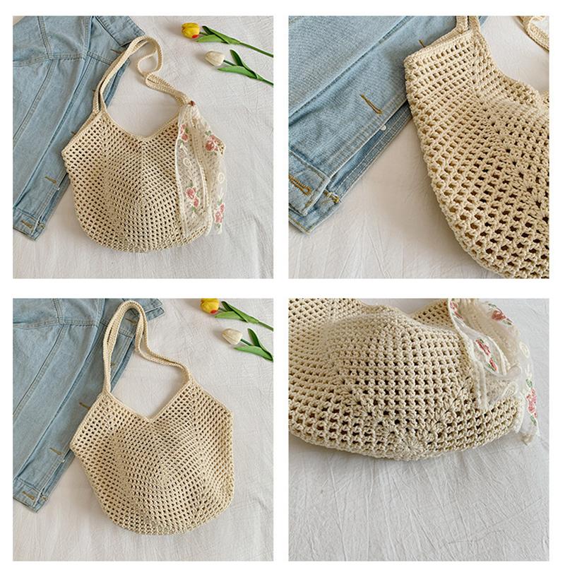Summer Lace Bow Tote Bags Women Raffia Knitting Woven Shoulder Bag 2025 Rattan Large Casual Crochet Shopping Bag Ladies Handbag