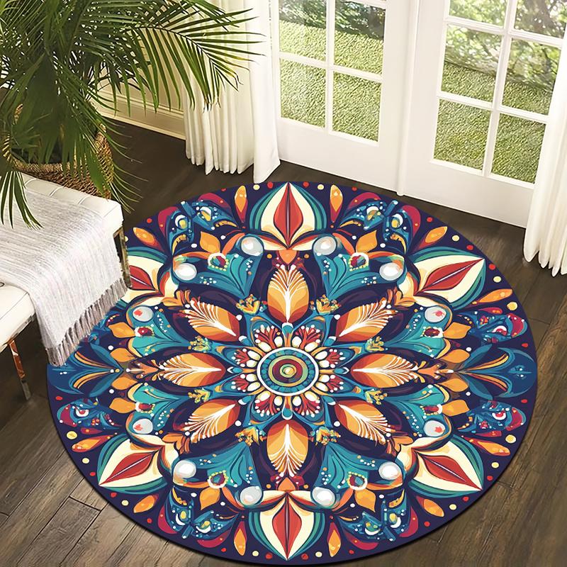 Colorful Mandala Art Style Flannel-printed Round Floor Mats Are Slip-resistant Suitable for Room Bedroom Terrace Garden Carpets