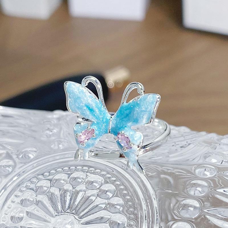 Small Fresh And Cool Butterfly Blue Enamel Dripping Oil Opening Ring Niche Light Luxury High-End Feeling Stacked Ring Woman