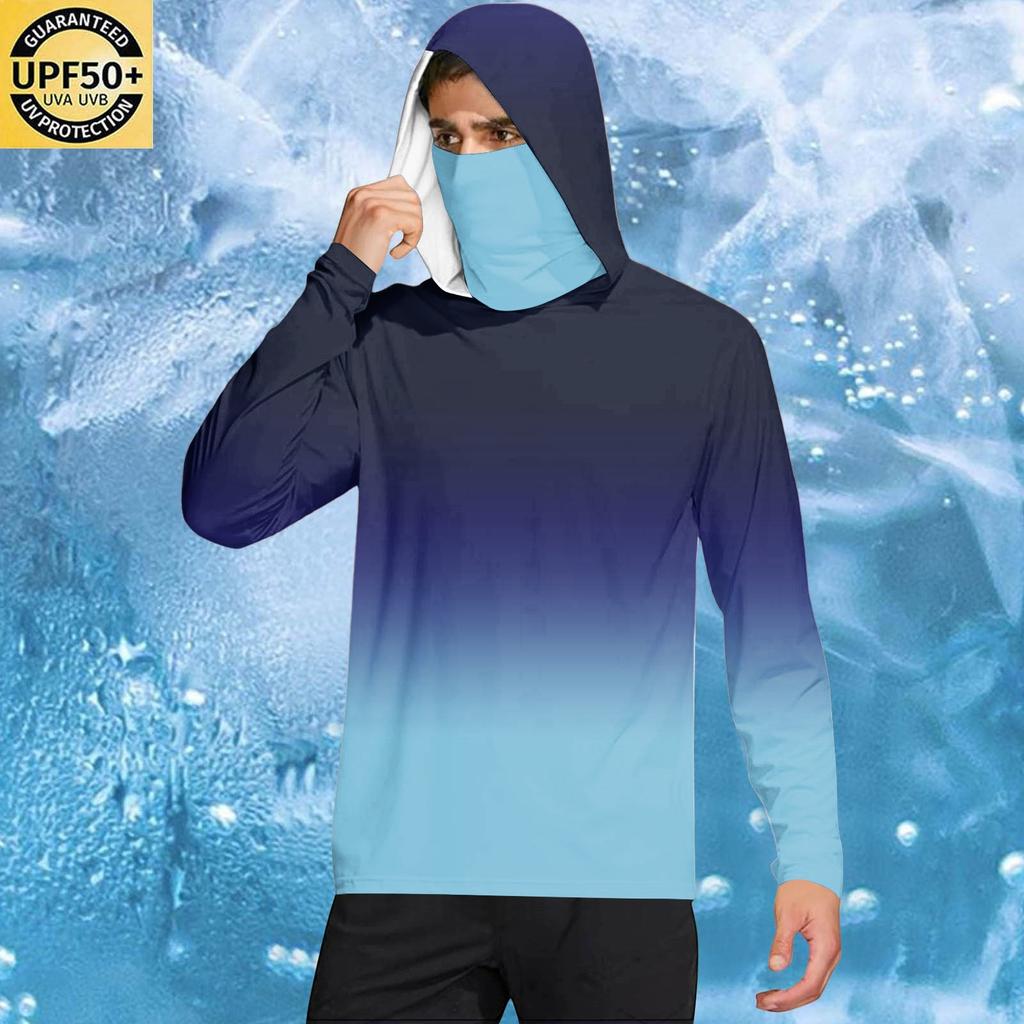 Men’s Casual Gradient Print Hooded Long Sleeve Sun Top Lightweight Pullover Loose Fit Outdoor Shirt